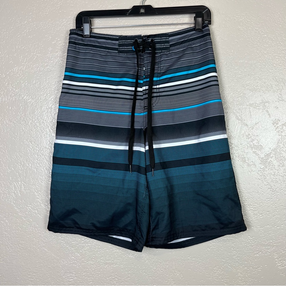Op men at knee‎ elastic waist blue black board shorts size Small 28/30